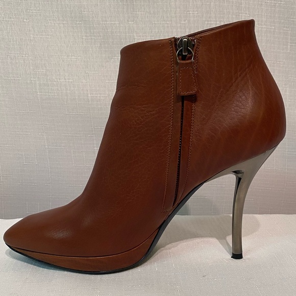 Lanvin Paris Ankle Calfskin Booties Sz US 8.5B Silver Stiletto Heel Brown - Picture 12 of 16
